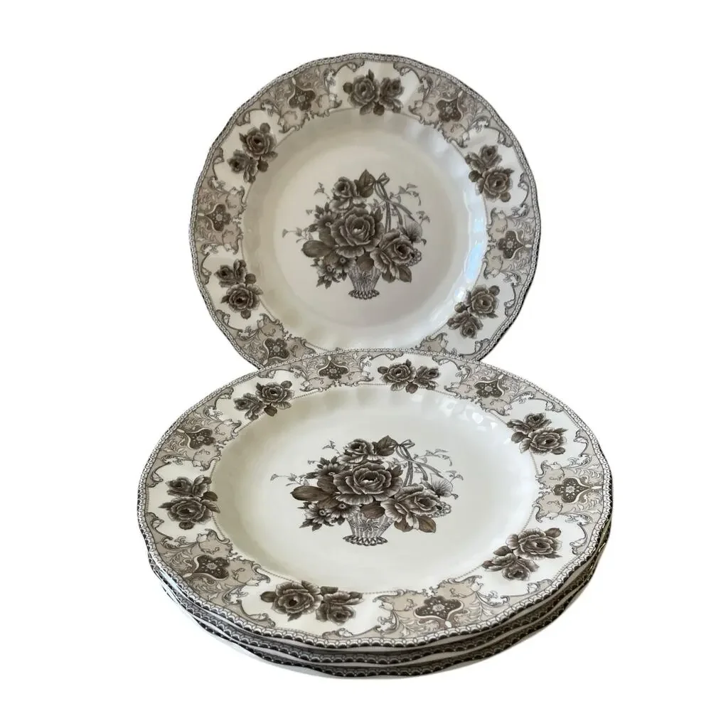 4pc Palate & Plate Victorian BROWN Rose Floral 10.5